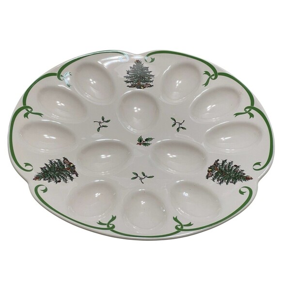 Spode Holiday Christmas Tree Porcelain Devilled Egg Dish, 13 Inch Holds 12 Eggs - Picture 2 of 8